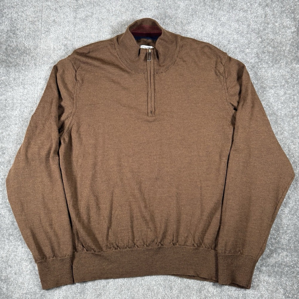 Tom James Sweater Men XL Brown Merino Wool 1/2 Zip Mock Neck Pullover Made Italy